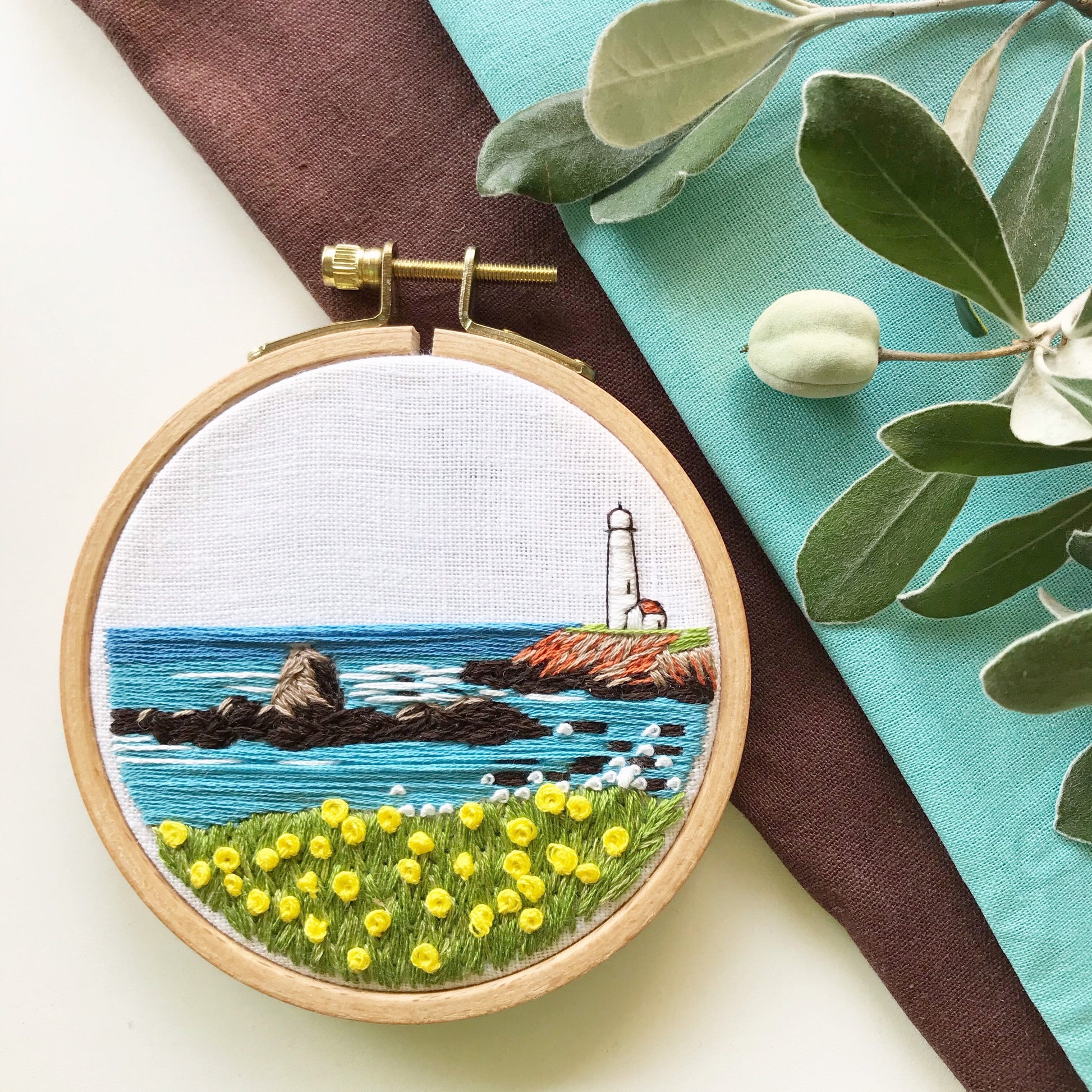 Embroidery Kit, Lighthouse by the Bay Beginner Seascape, Embroidery Hoop Art, Complete Kit
