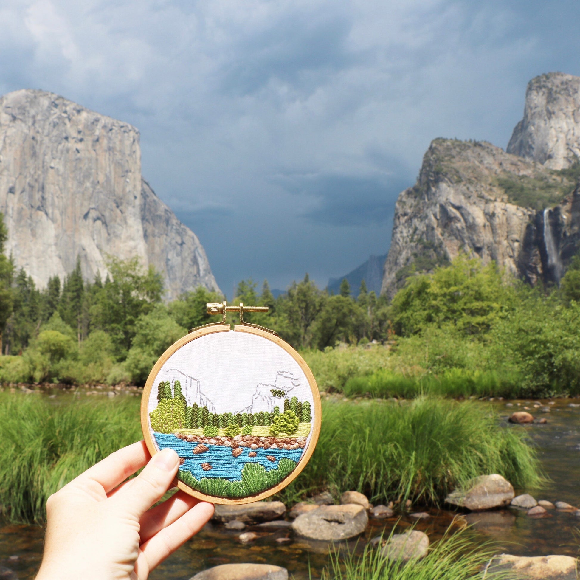 Yosemite Valley Embroidery kit completed in the valley that inspired it's creation.