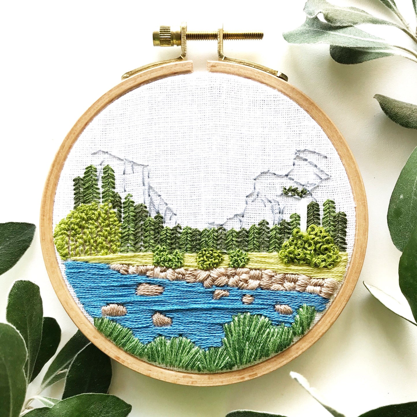 Yosemite Valley Hand Embroidery PDF pattern.  Half Dome graces the background of this modern embroidery with river, rocks and trees in the foreground.