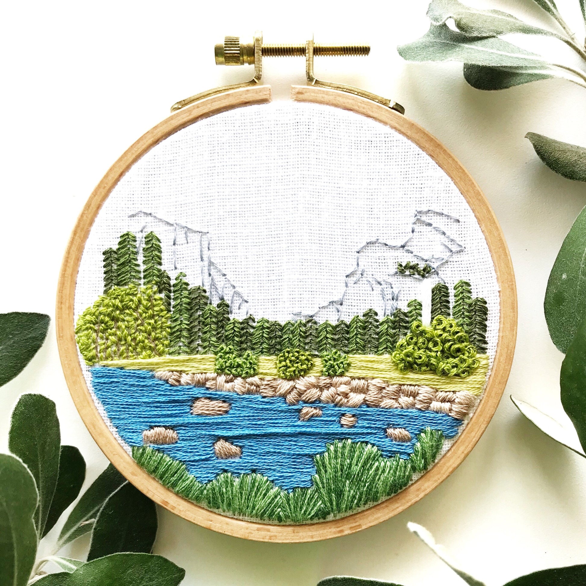 Yosemite Valley Hand Embroidery PDF pattern.  Half Dome graces the background of this modern embroidery with river, rocks and trees in the foreground.