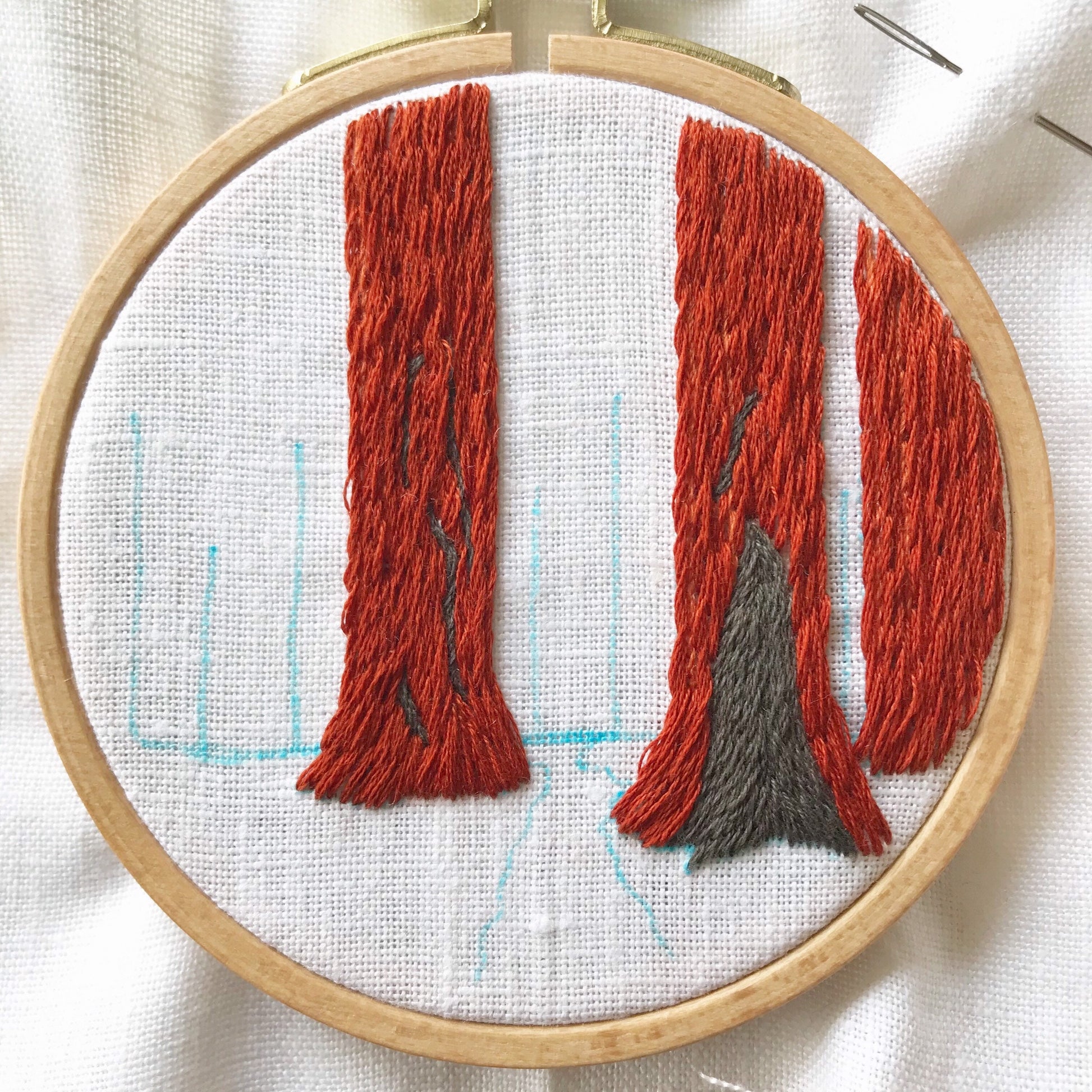 Sequoia Grove PDF. Three tall Sequoias rise from the base of the embroidery with a small trail between them. PDF includes pattern for image transfer and 11 page booklet with easy to follow directions.