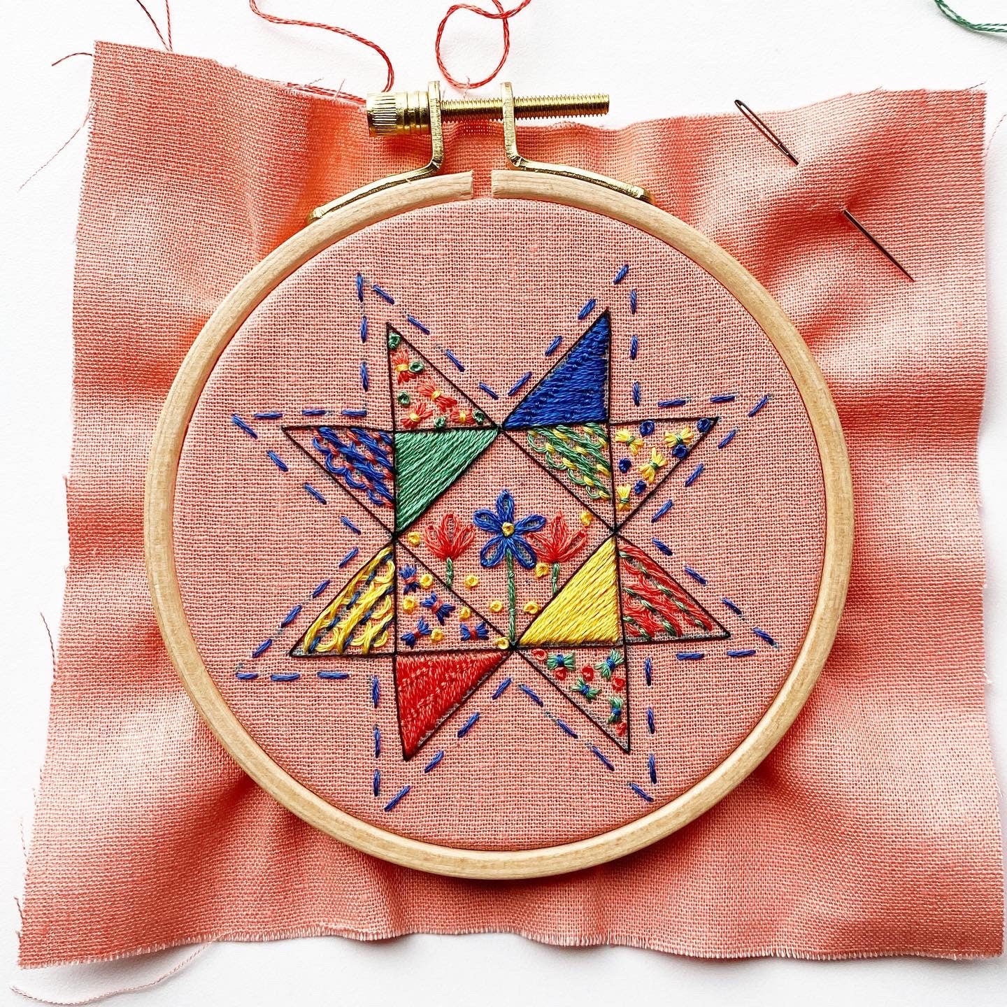 Completed Seeing Starflowers Kit. Stich selection is flexible.