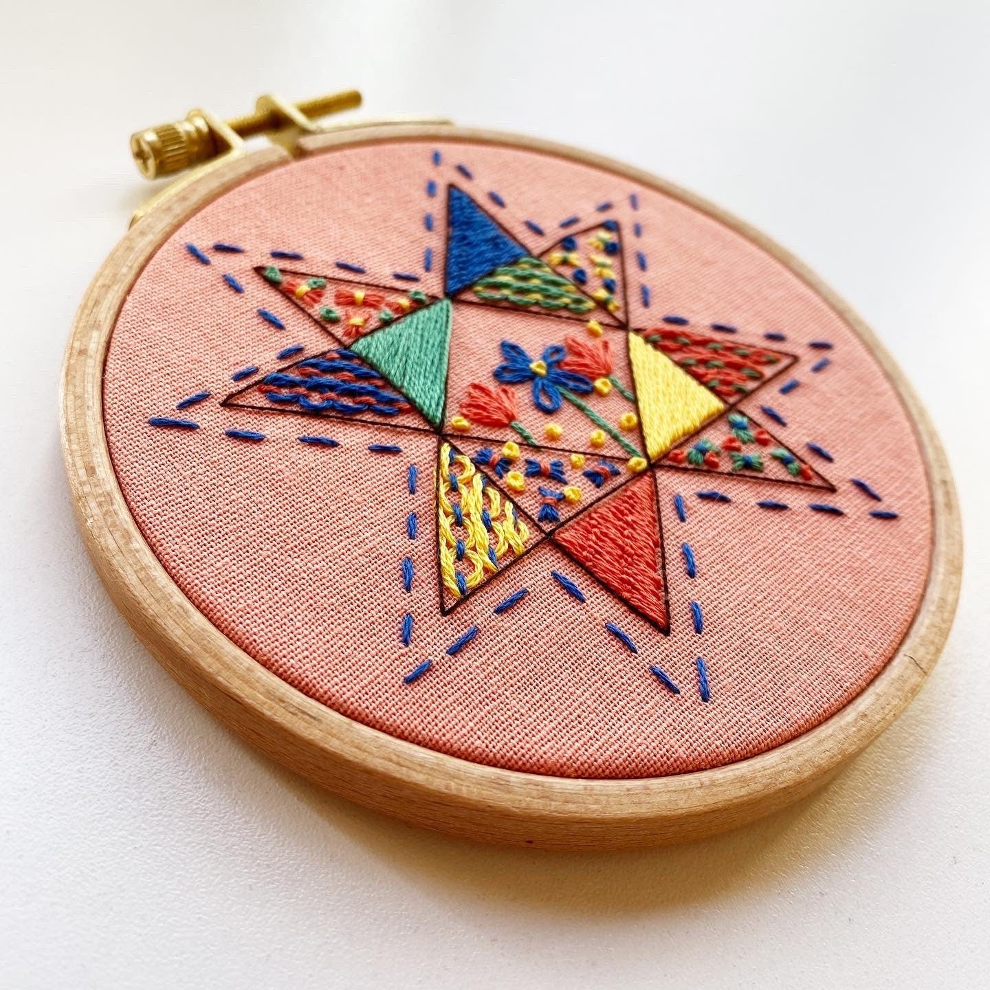 Completed Seeing Starflowers kit. Detail photo of stitches taught within the kit.