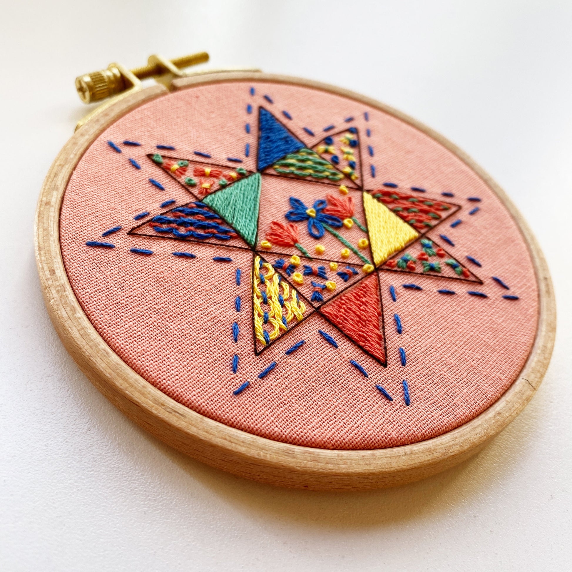 Rosanna Diggs Embroidery Seeing Starflowers  PDF.  Design features a modern take on the traditional star quilt pattern.  Learn new stitches while making something beautiful. PDF includes pattern and 12 pages of easy to follow directions.