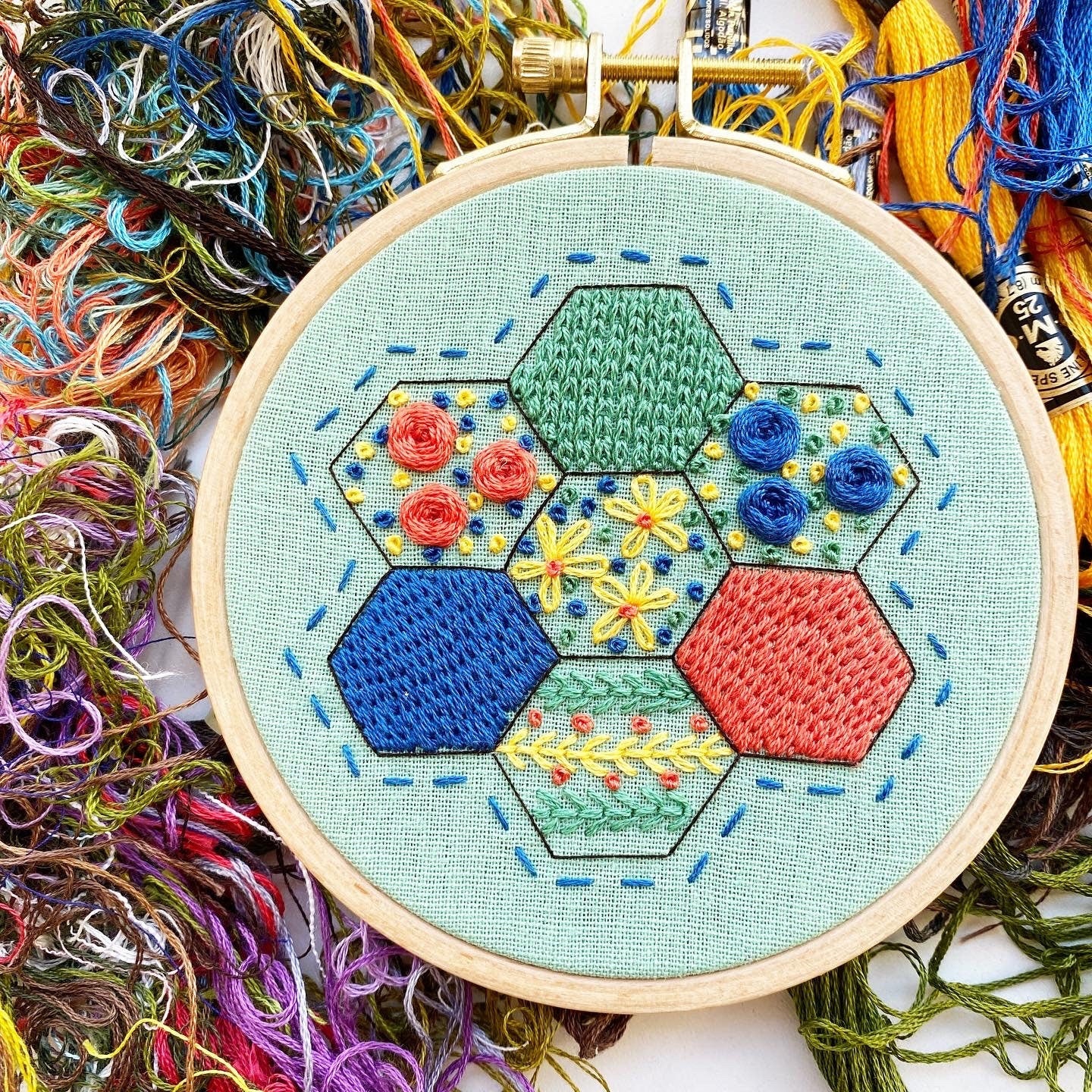 Rosanna Diggs Embroidery Hexie Harmony PDF.  Design features a modern take on the traditional paper pieced hexagon quilt pattern. Start by transferring your pattern using a sunny window and a water soluble marker.