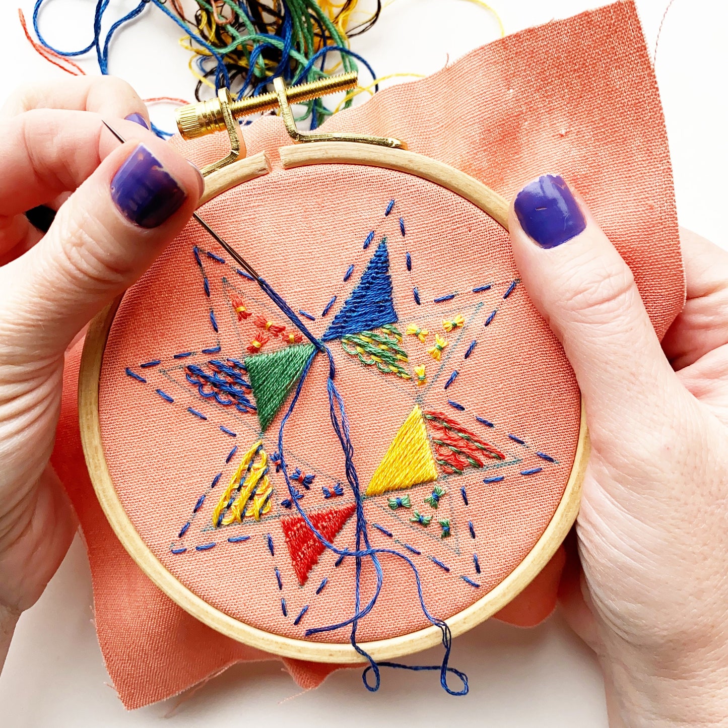 Rosanna Diggs Embroidery Seeing Starflowers PDF. Design features a modern take on the traditional star quilt pattern. Learn new stitches while making something beautiful. PDF includes pattern and 12 pages of easy to follow directions.