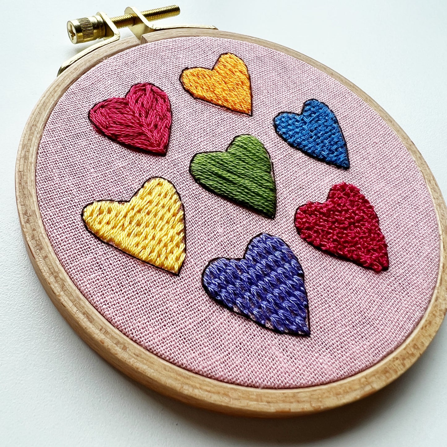 I Heart Stitching Complete Beginner Embroidery Kit.  Seven hearts in seven colors and stitch styles.