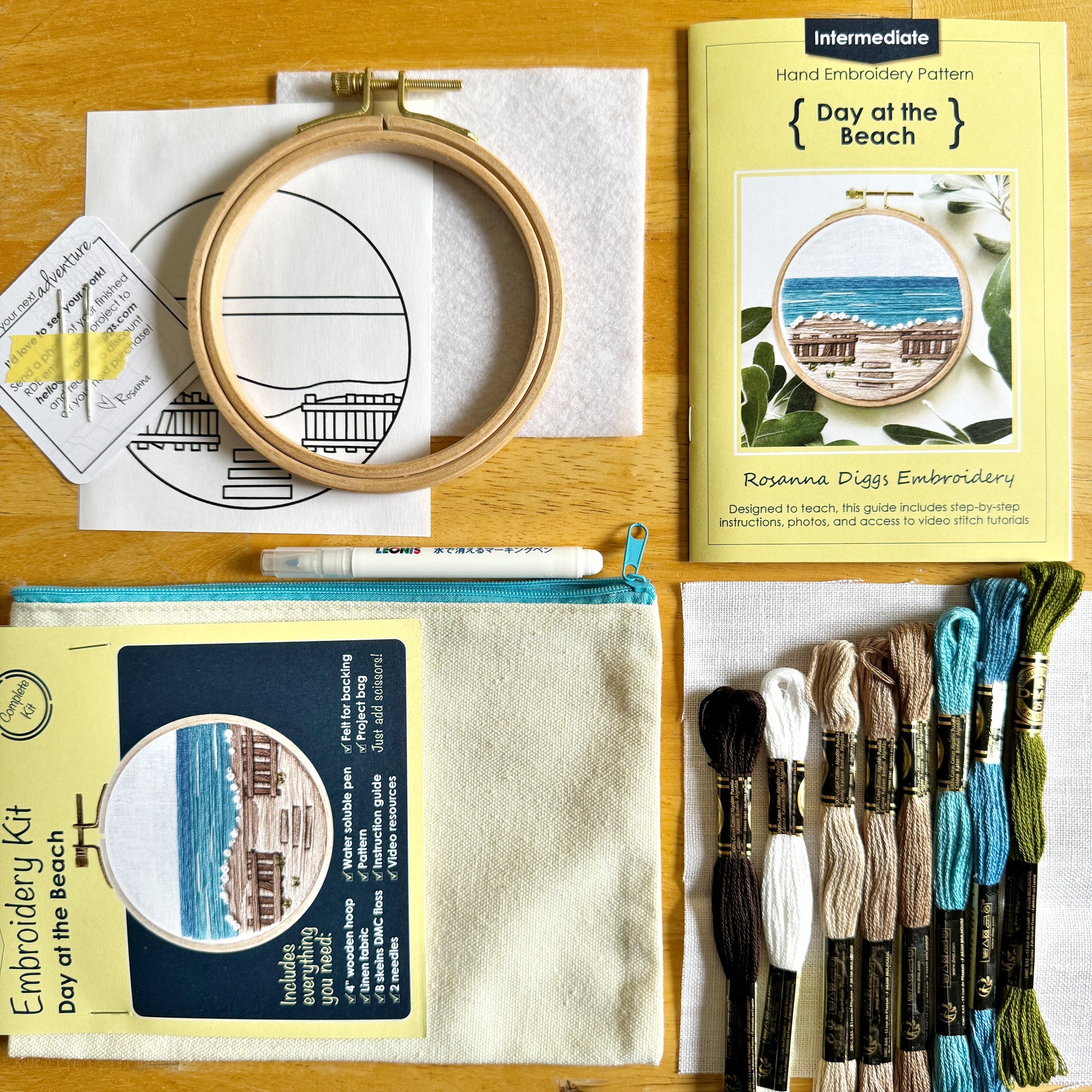 What is Included: 4 inch wooden hoop, 6 inch square linen fabric, water soluble pen, full skeins of floss, needle, pattern, step-by-step instructions and felt for backing in a reusable zippered project bag.