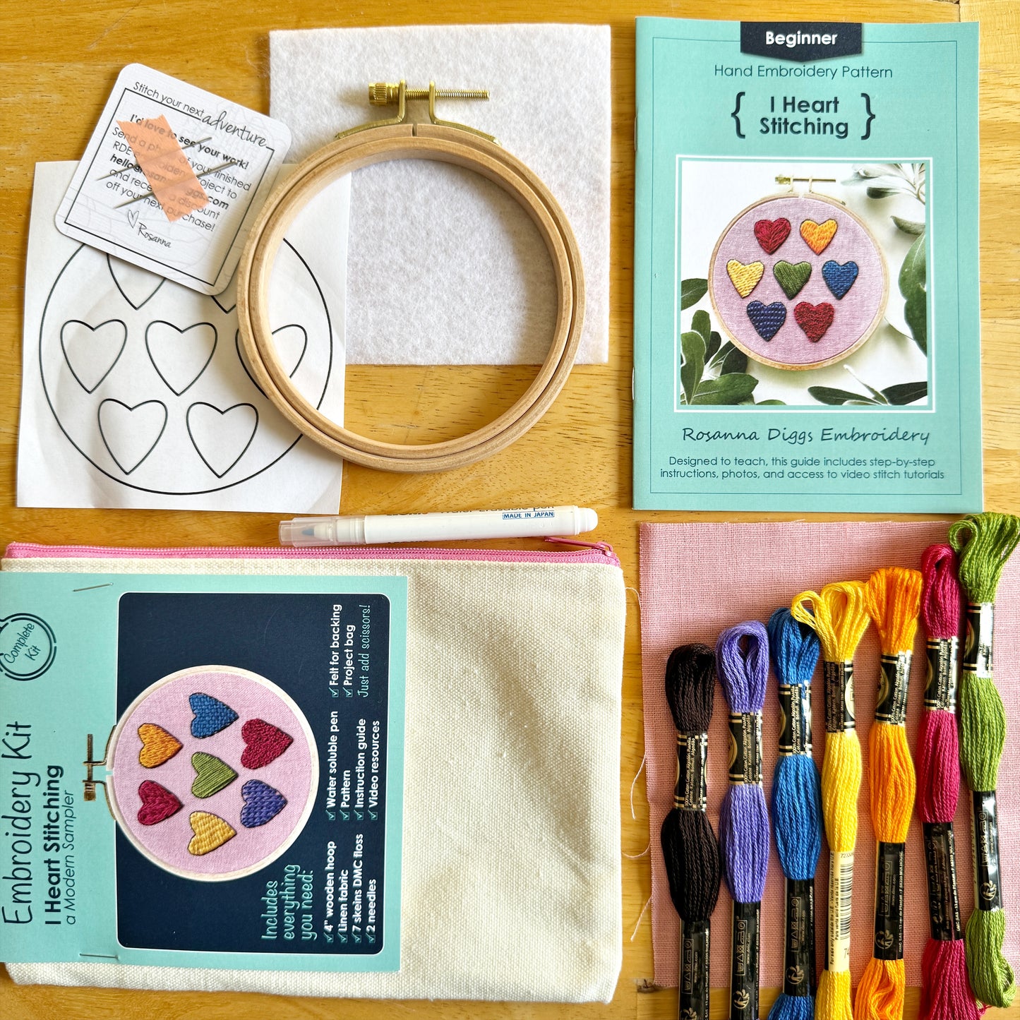 What is Included: 4 inch wooden hoop, 6 inch square linen fabric, water soluble pen, full skeins of floss, needle, pattern, step-by-step instructions and felt for backing in a reusable zippered project bag.