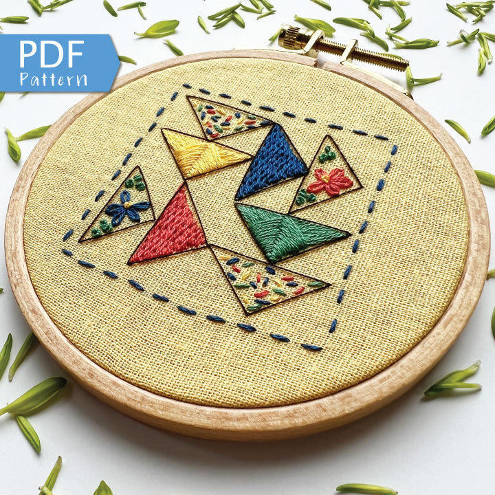 Rosanna Diggs Embroidery Triangle Tango PDF.  Design features a modern take on the traditional flying geese quit pattern.  Learn new stitches while making something beautiful. PDF includes pattern and 12 pages of easy to follow directions.
