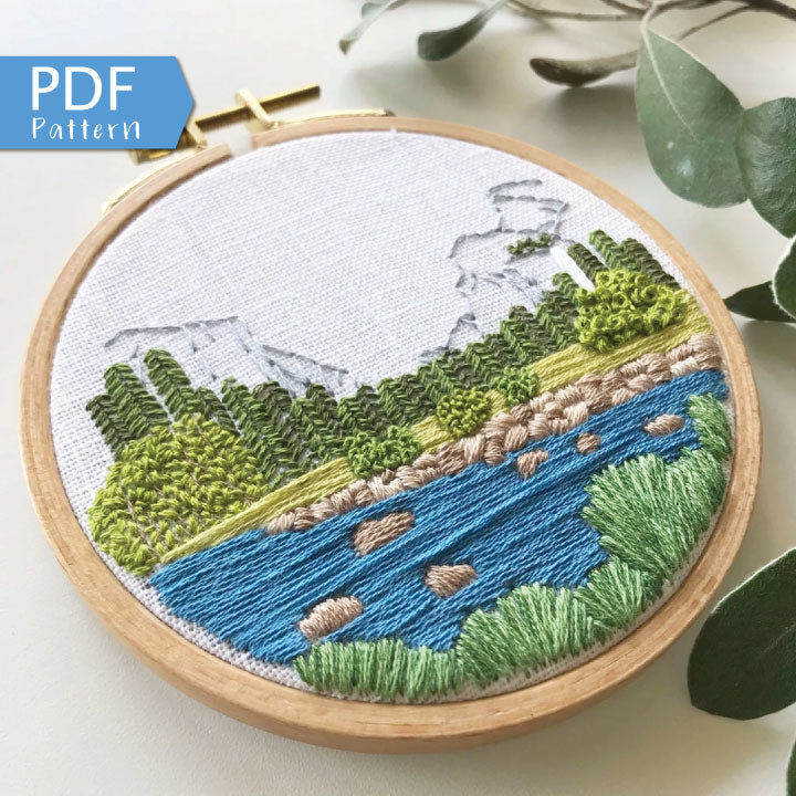 Yosemite Valley Hand Embroidery PDF pattern.  Half Dome graces the background of this modern embroidery with river, rocks and trees in the foreground.