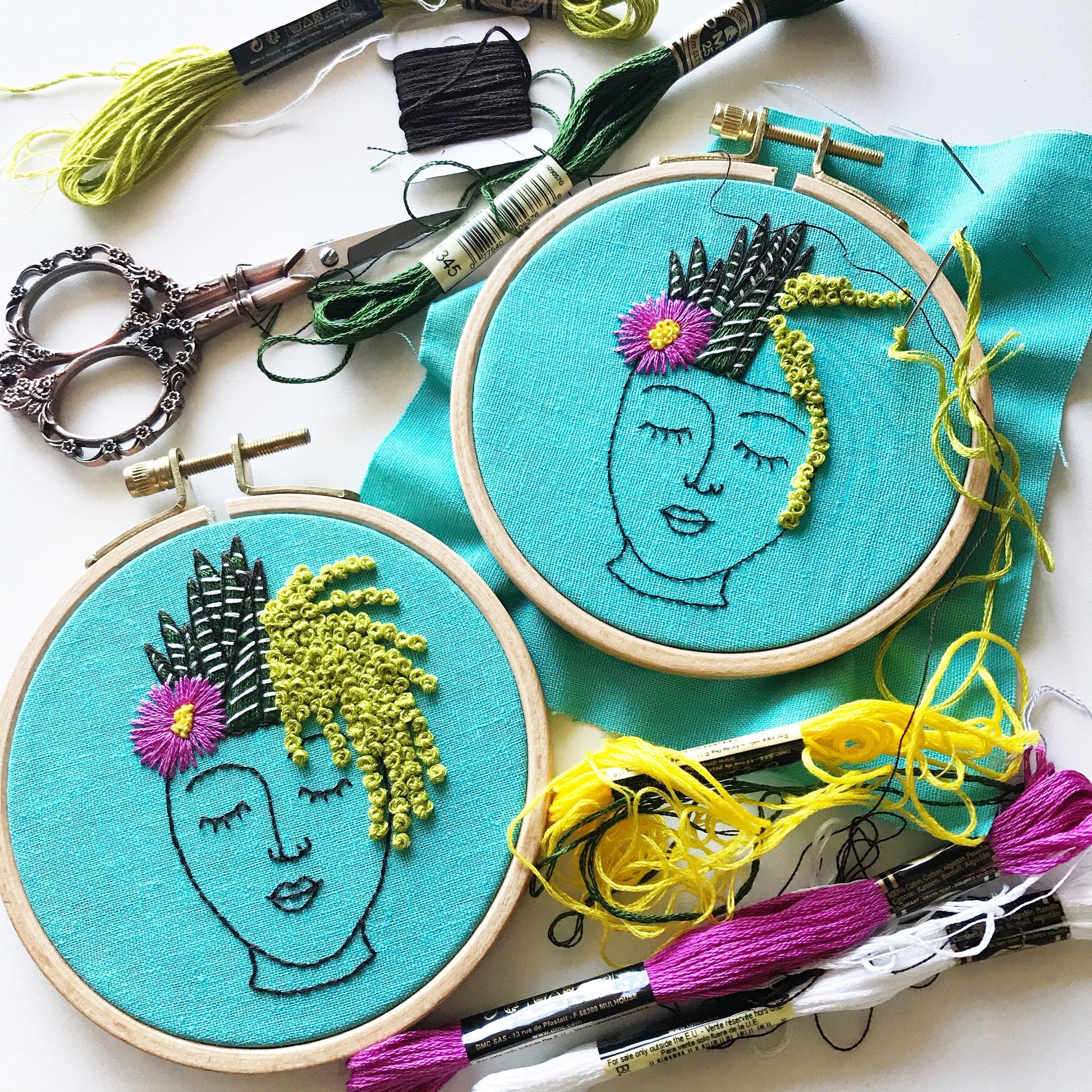 Zen Zoe PDF features a planter of a female face in black outline and has three different succulent plants cascading as her hair.  PDF includes pattern for transfer and 11 page booklet with easy to follow directions.