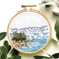 Lake Tahoe is a great pattern to DIY your own modern embroidery hoop art. This 12 page pdf details everything you need to know to stitch this beautiful embroidery.  Mountains in the background with trees, rocks and lake in front.