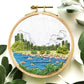 Yosemite Valley Hand Embroidery PDF pattern.  Half Dome graces the background of this modern embroidery with river, rocks and trees in the foreground.