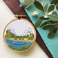 Yosemite Valley Hand Embroidery PDF pattern.  Half Dome graces the background of this modern embroidery with river, rocks and trees in the foreground.