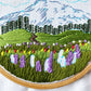 Mount Rainier Embroidery PDF.  Includes pattern for image transfer and 14 page booklet of easy to follow directions to complete.  Image has Mt Rainier in back with lupine and other small flowers in the foreground.